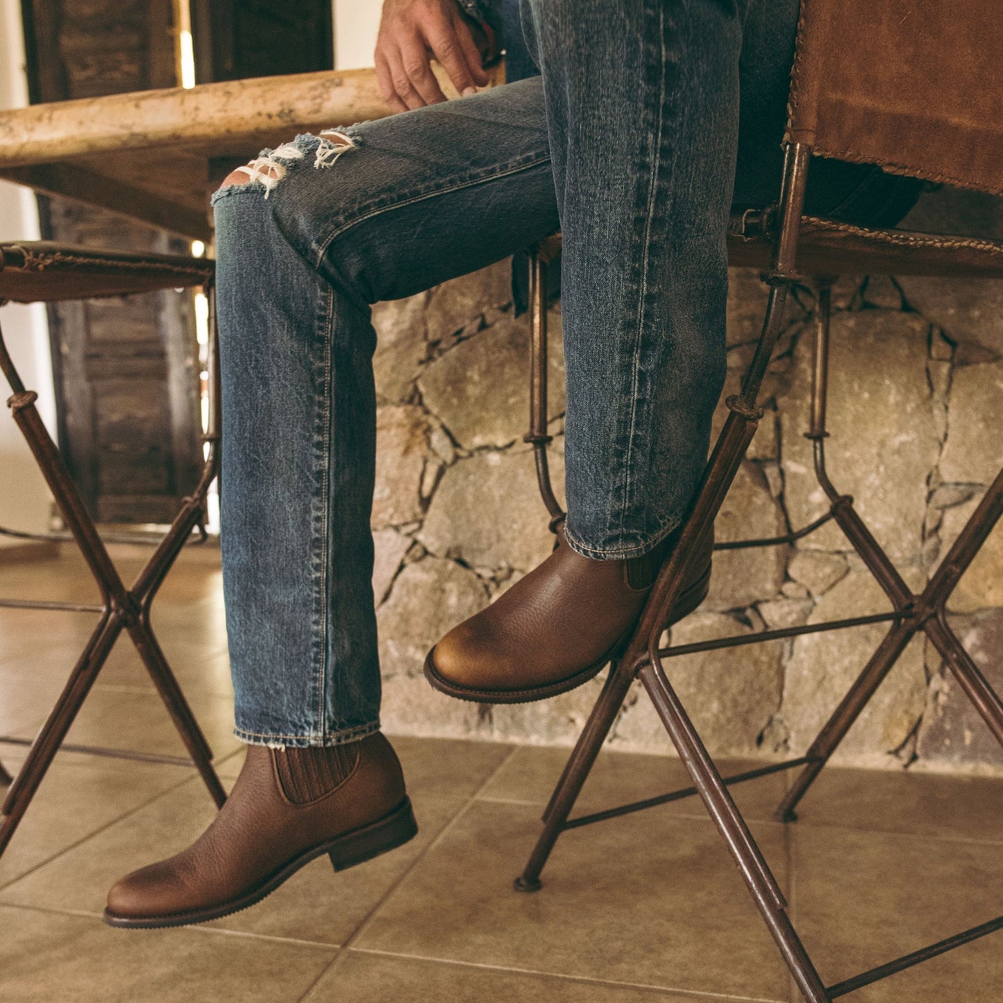 7 Leguas | Men's Leather Charro Short Boot with Rubber Sole Ocher | 6000-DA