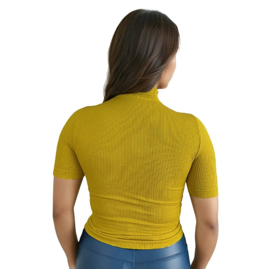 Red Berry | Ribbed knit short-sleeve blouse with a high neck and chest cut-out |