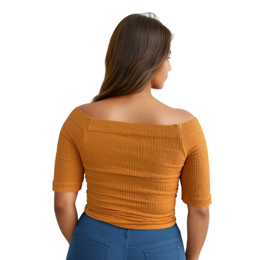 Red Berry | Ribbed knit off-shoulder blouse with 3/4 sleeves |