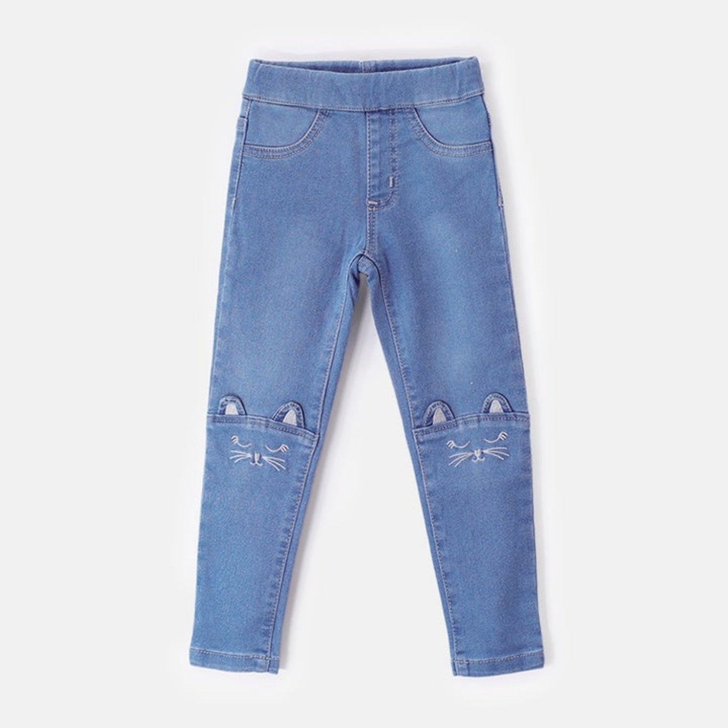 Choys | Girls' Blue Cat Embroidered Denim Leggings | 10A2