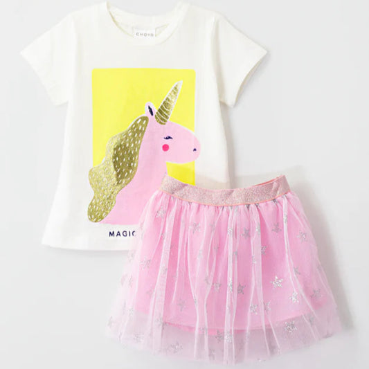 Choys | Girls' Unicorn Glitter T-Shirt and Star Tulle Skirt | 1K1