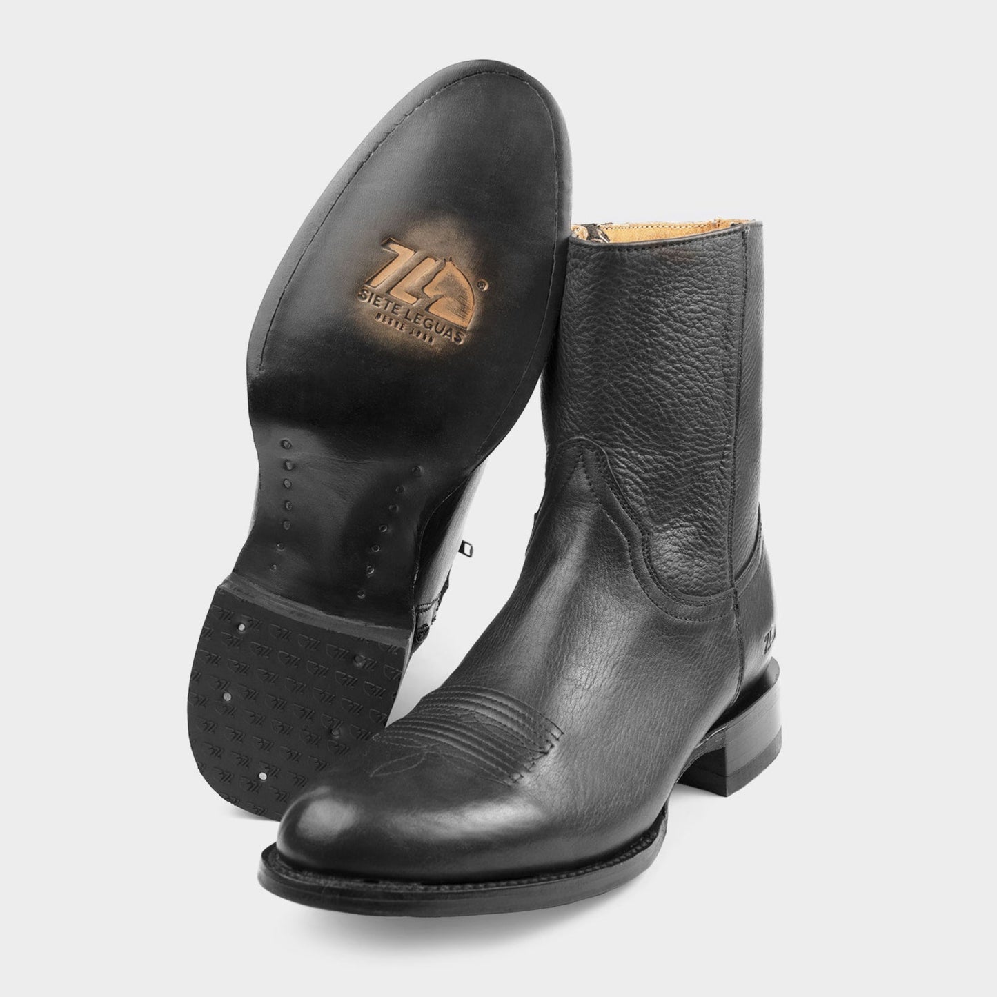 7 Leguas | Men's Leather Cowboy Zip Boot with Leather Sole Black | 11200-E