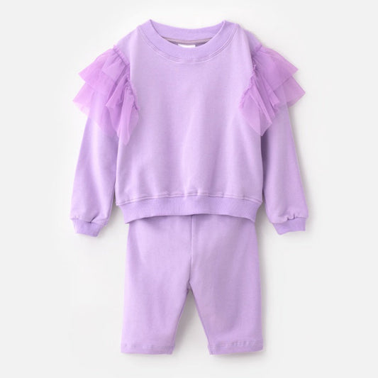 Choys | Lavender Ruffle-Sleeve Sweatshirt and Shorts Set | 3D2