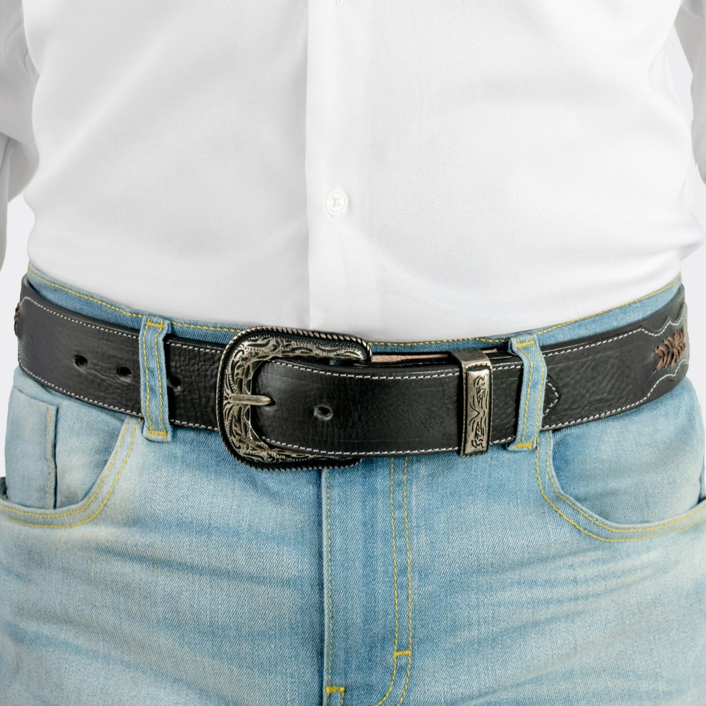7 Leguas | Men's Cowboy Vachetta Leather Belt Style 11-A | Black