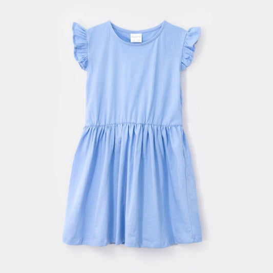 Choys | Girls' Blue Short Sleeve Dress with Ruffle Shoulders | 2H3