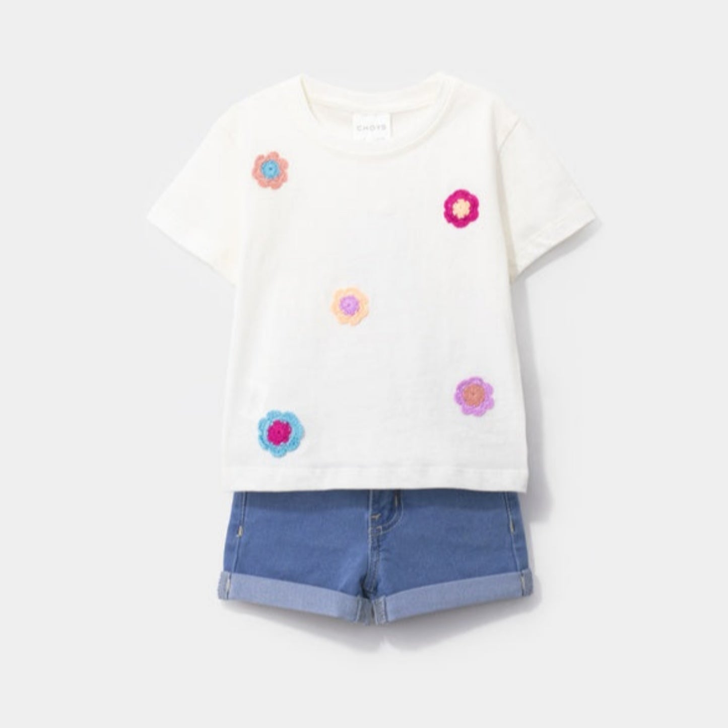Choys | Embroidered Flower T-Shirt and Denim Shorts Set | 5G4