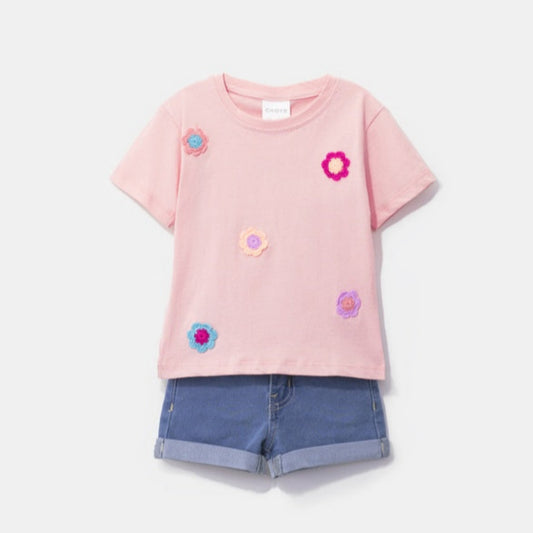Choys | Embroidered Flower T-Shirt and Denim Shorts Set | 4C3