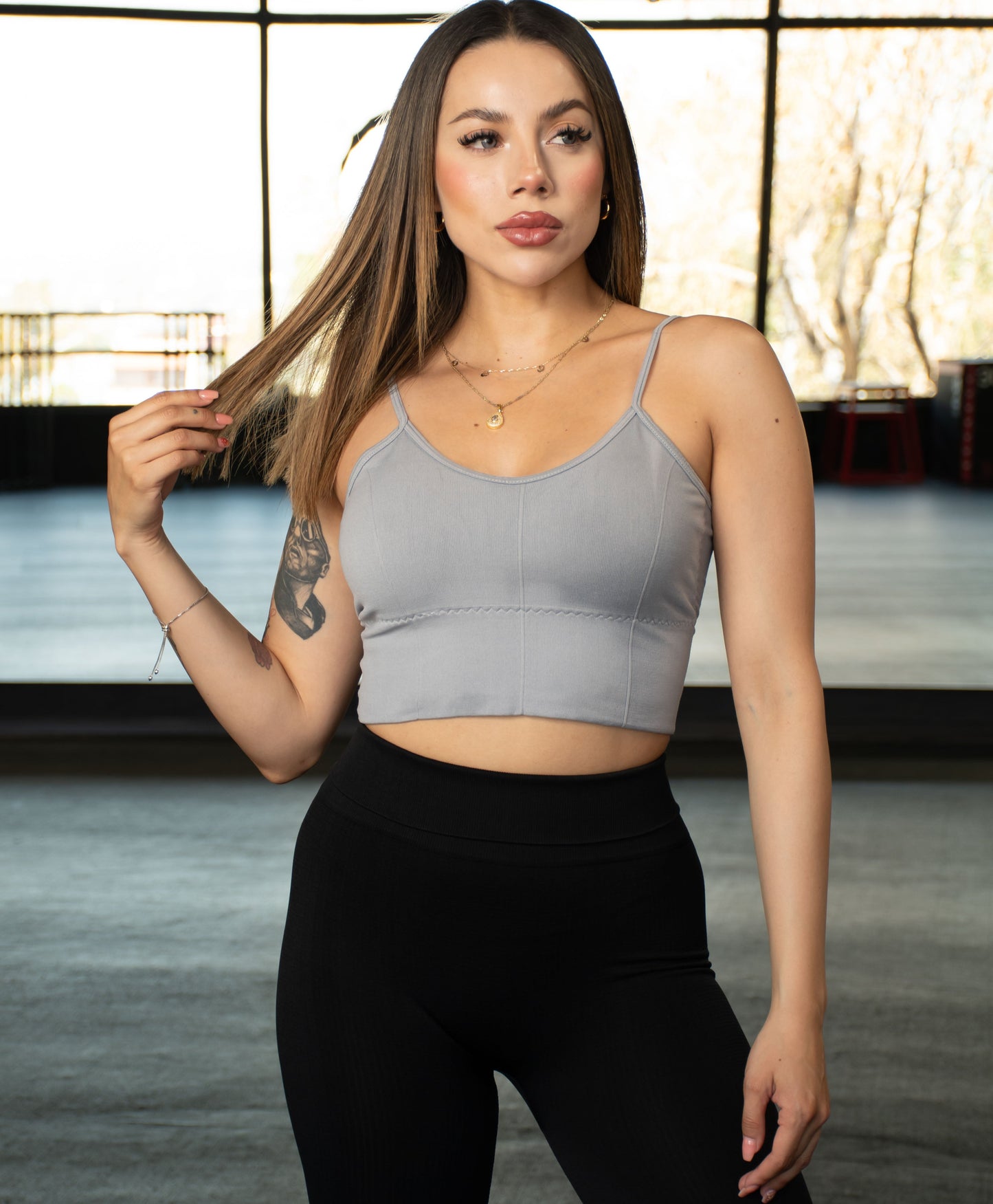 Majo | Solid Leggings Set and Solid Strap Top | Gray-Black