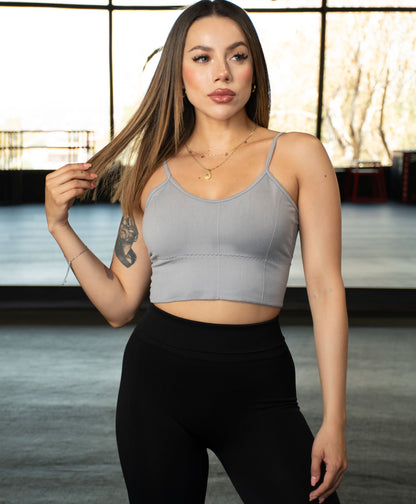 Majo | Solid Leggings Set and Solid Strap Top | Gray-Black