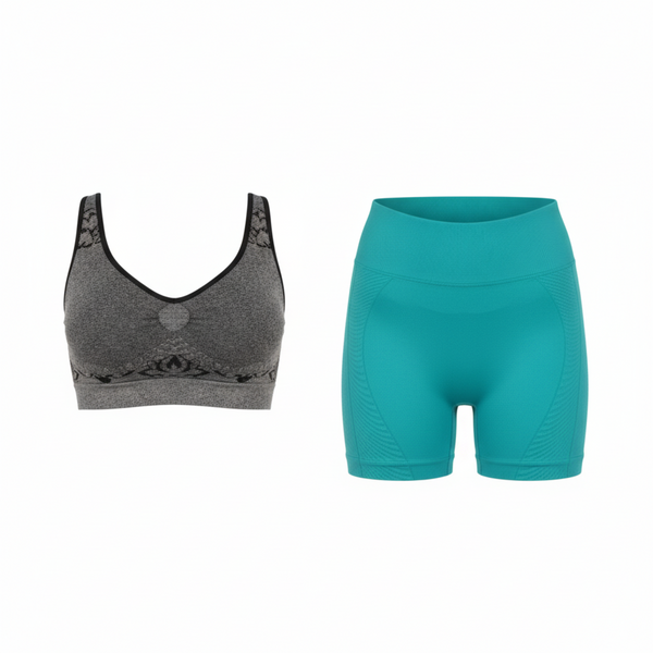 Majo | Solid Shorts and Patterned Top Set | Gray-Blue