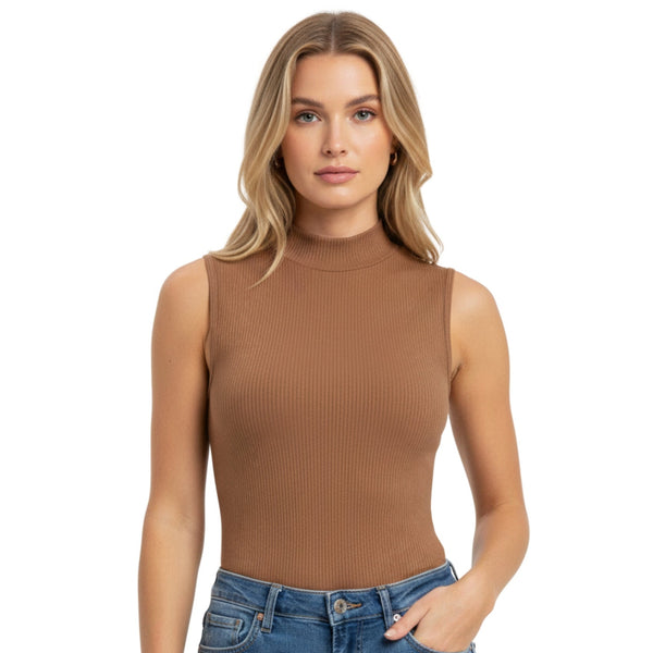 GDA Seamless | Seamless High Neck Sleeveless Slim Fit Top | Peanut