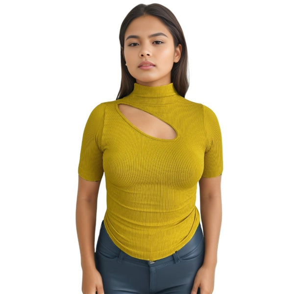 Red Berry | Ribbed Knit Short-Sleeve Blouse with a High Neck and Chest Cut-Out |