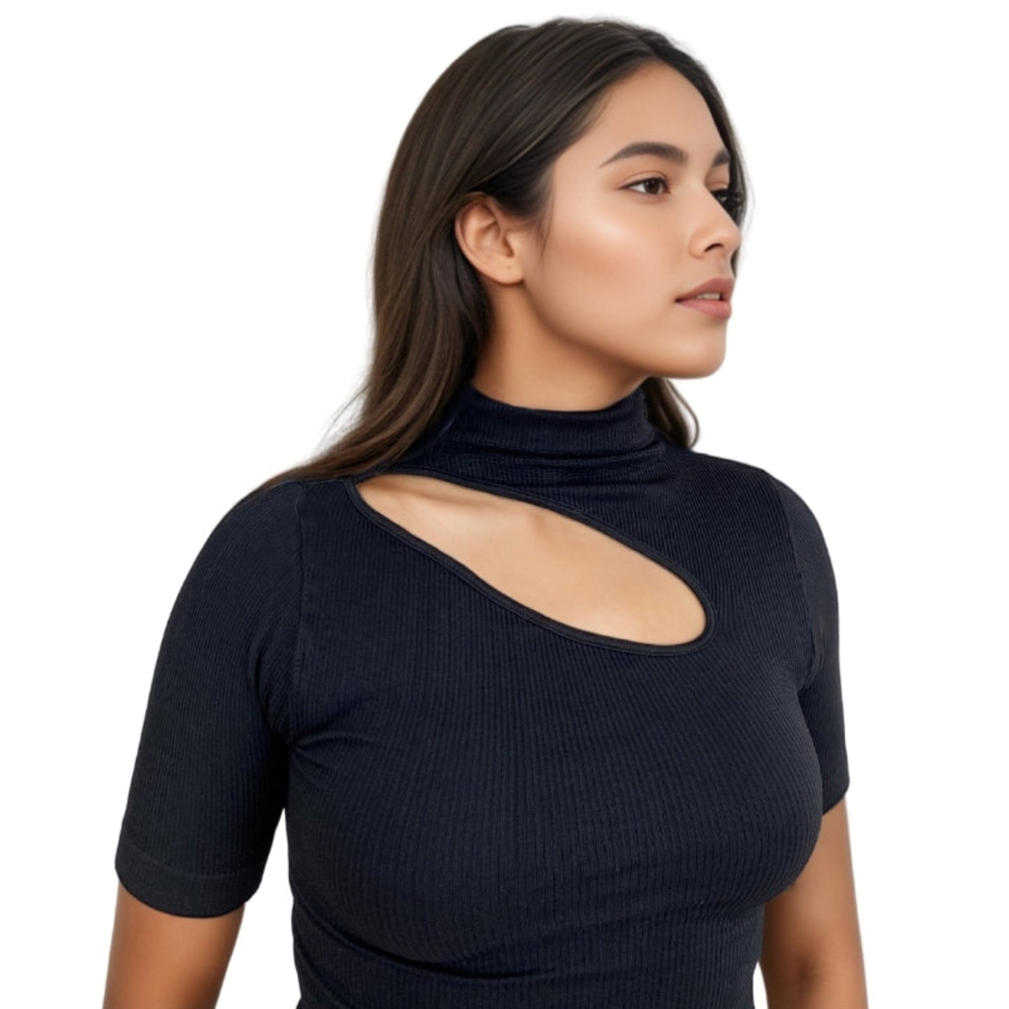 Red Berry | Ribbed knit short-sleeve blouse with a high neck and chest cut-out |