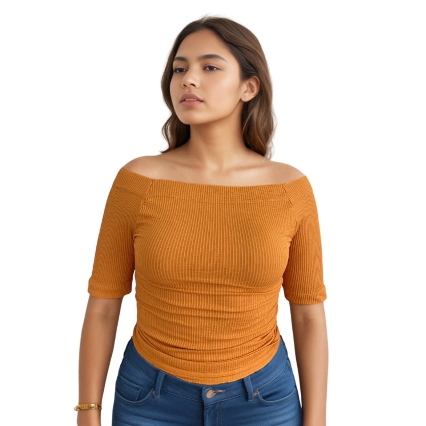 Red Berry | Ribbed knit off-shoulder blouse with 3/4 sleeves |