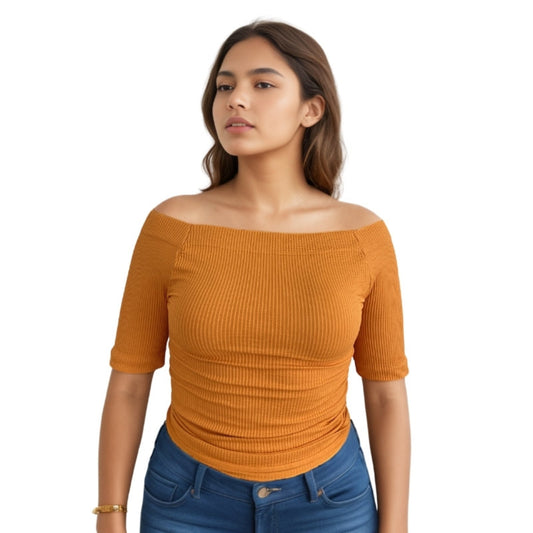 Red Berry | Ribbed knit off-shoulder blouse with 3/4 sleeves |