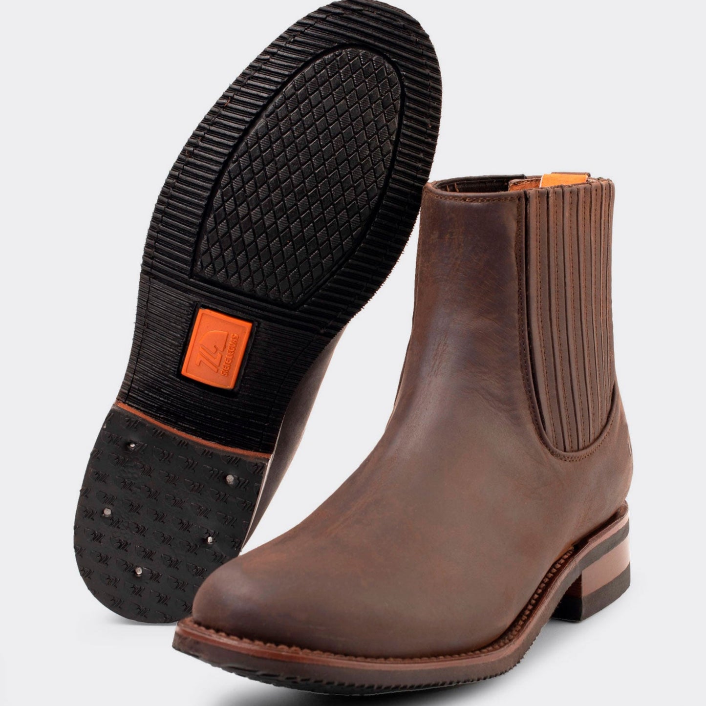 7 Leguas | Men's Leather Charro Short Boot with Rubber Sole Brown | 6000-OX
