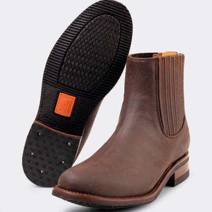 7 Leguas | Men's Leather Charro Short Boot with Rubber Sole Brown | 6000-OX