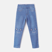 Choys | Girls' Blue Cat Embroidered Denim Leggings | 10A2