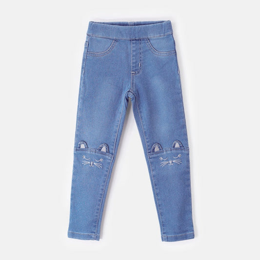 Choys | Girls' Blue Cat Embroidered Denim Leggings | 10A2