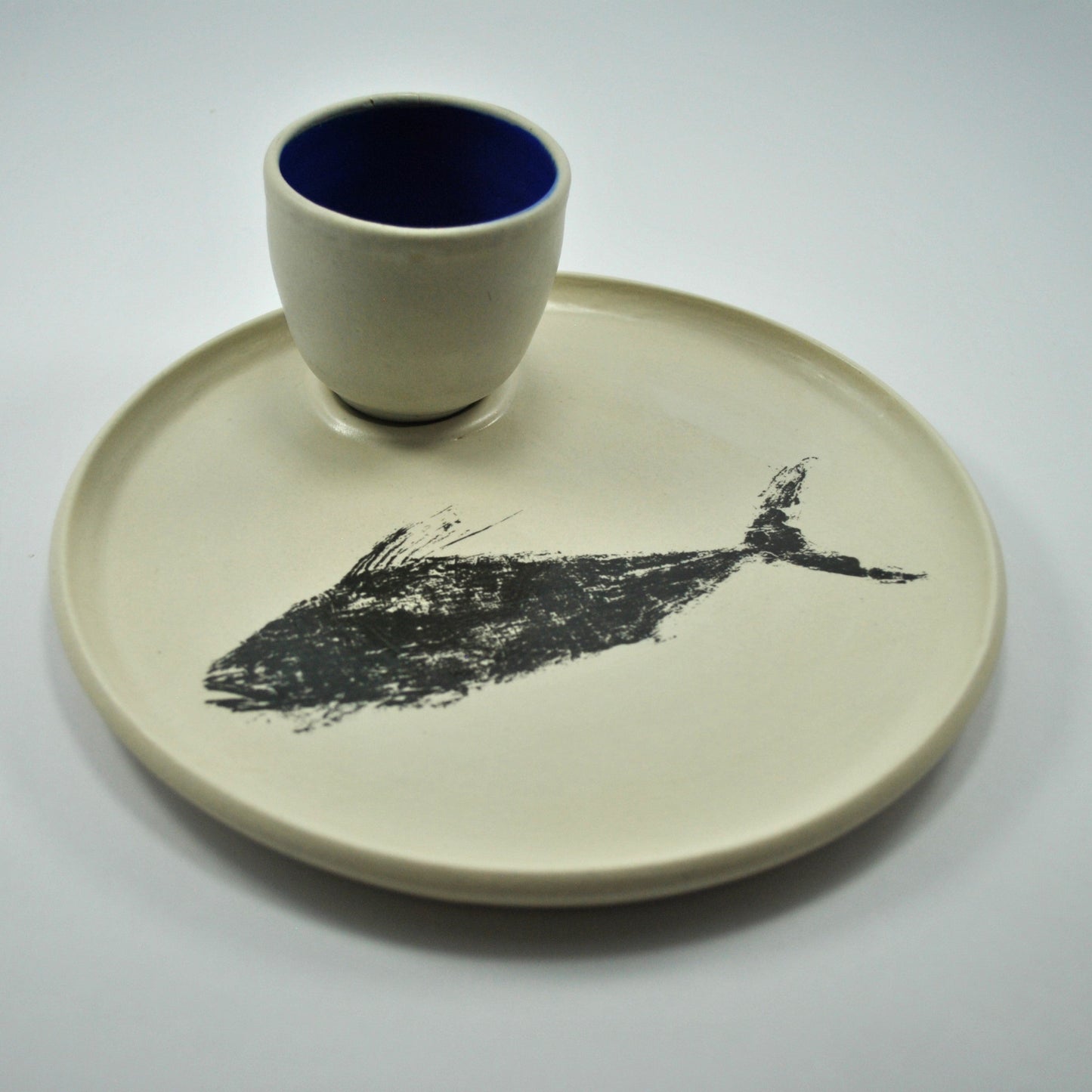 Damar | Pez Gallo Snack Plate | Black Print and Blue Ramekin