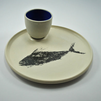 Damar | Pez Gallo Snack Plate | Black Print and Blue Ramekin