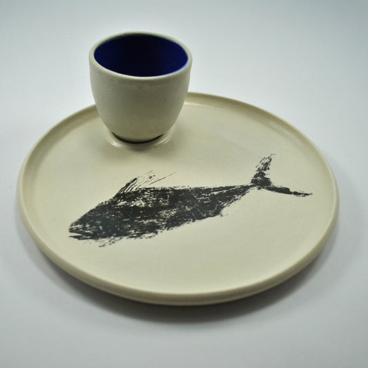 Damar | Pez Gallo Snack Plate | Black Print and Blue Ramekin
