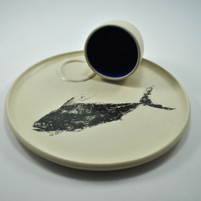 Damar | Pez Gallo Snack Plate | Black Print and Blue Ramekin