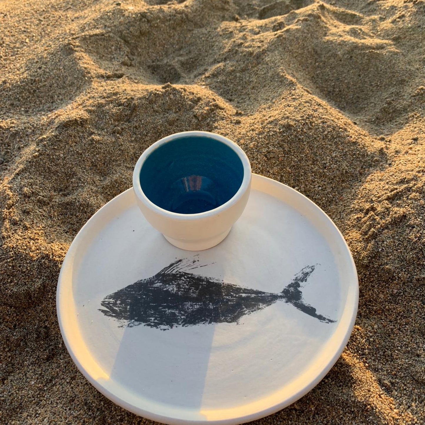 Damar | Pez Gallo Snack Plate | Black Print and Blue Ramekin