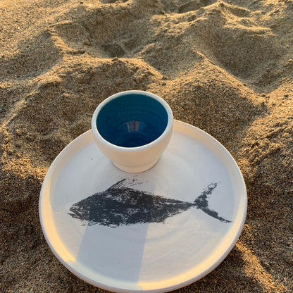 Damar | Pez Gallo Snack Plate | Black Print and Blue Ramekin