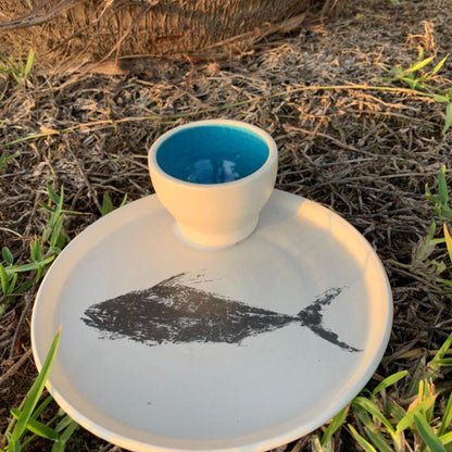 Damar | Pez Gallo Snack Plate | Black Print and Blue Ramekin