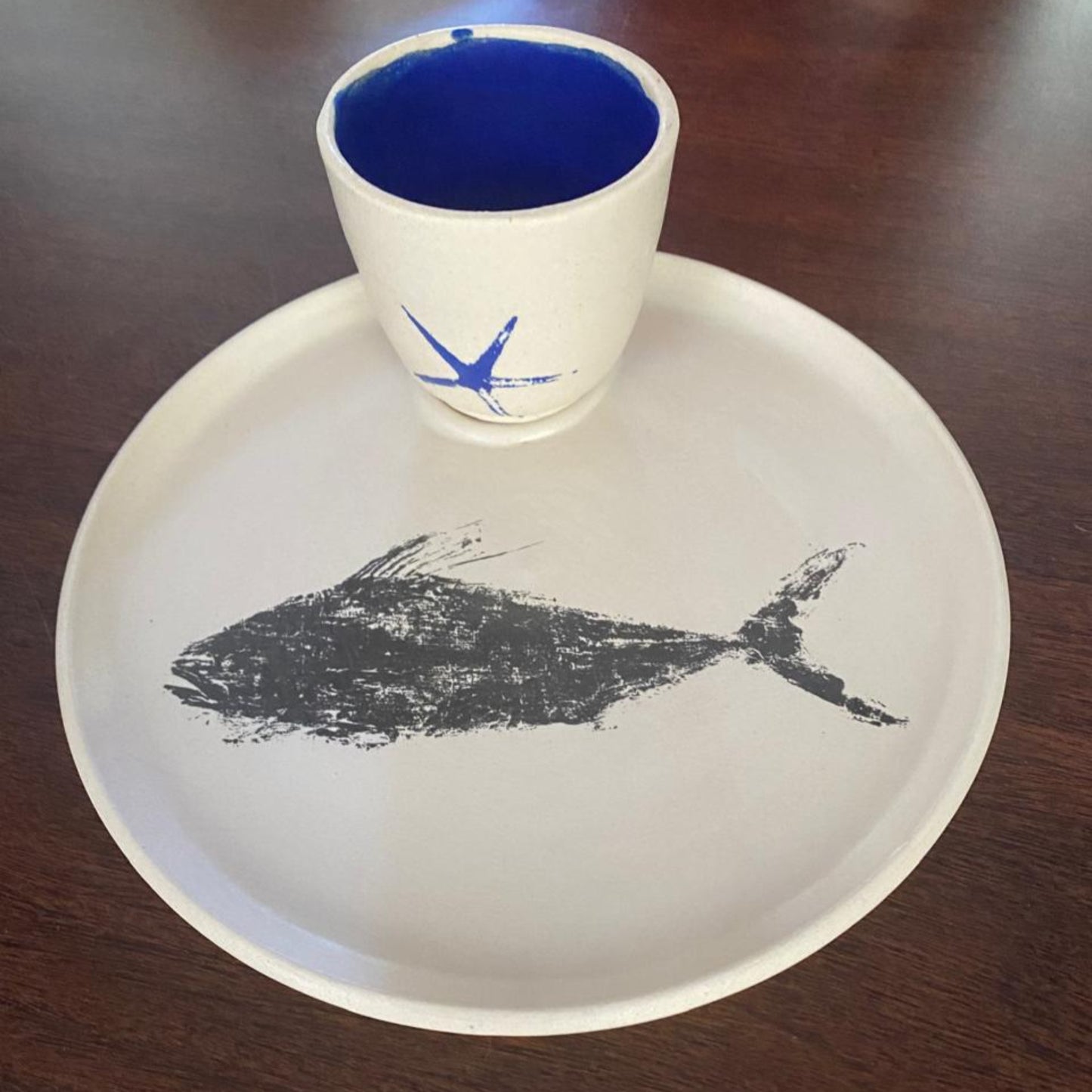 Damar | Pez Gallo Snack Plate | Black Print and Blue Ramekin