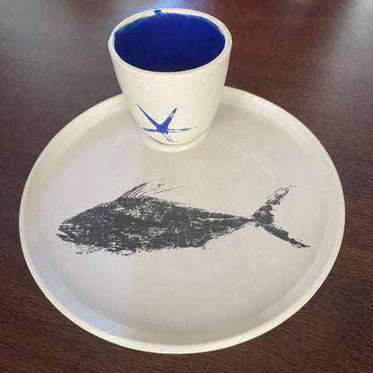 Damar | Pez Gallo Snack Plate | Black Print and Blue Ramekin