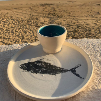 Damar | Pez Gallo Snack Plate | Black Print and Blue Ramekin