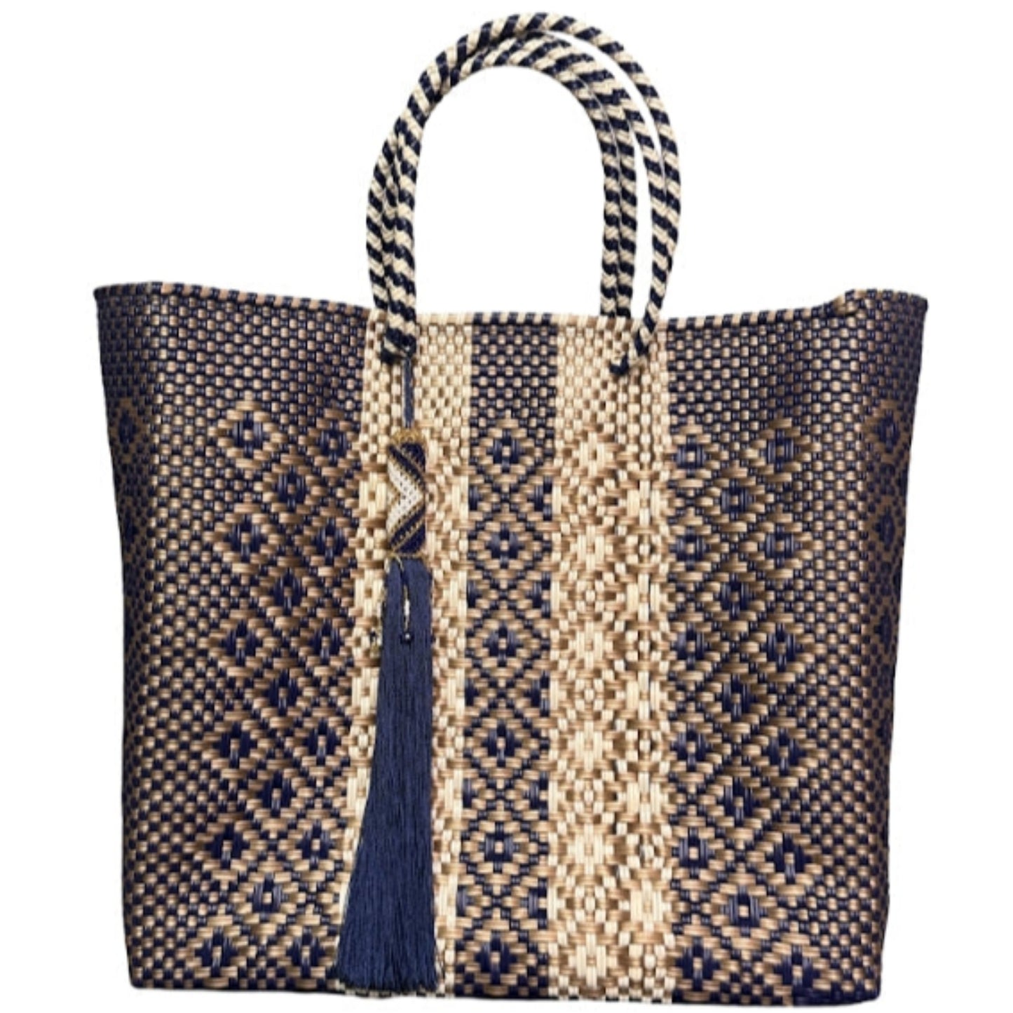 Ela Kovuna | Women's Medium Handcrafted Tote Bag | Gold, Navy Blue and Beige