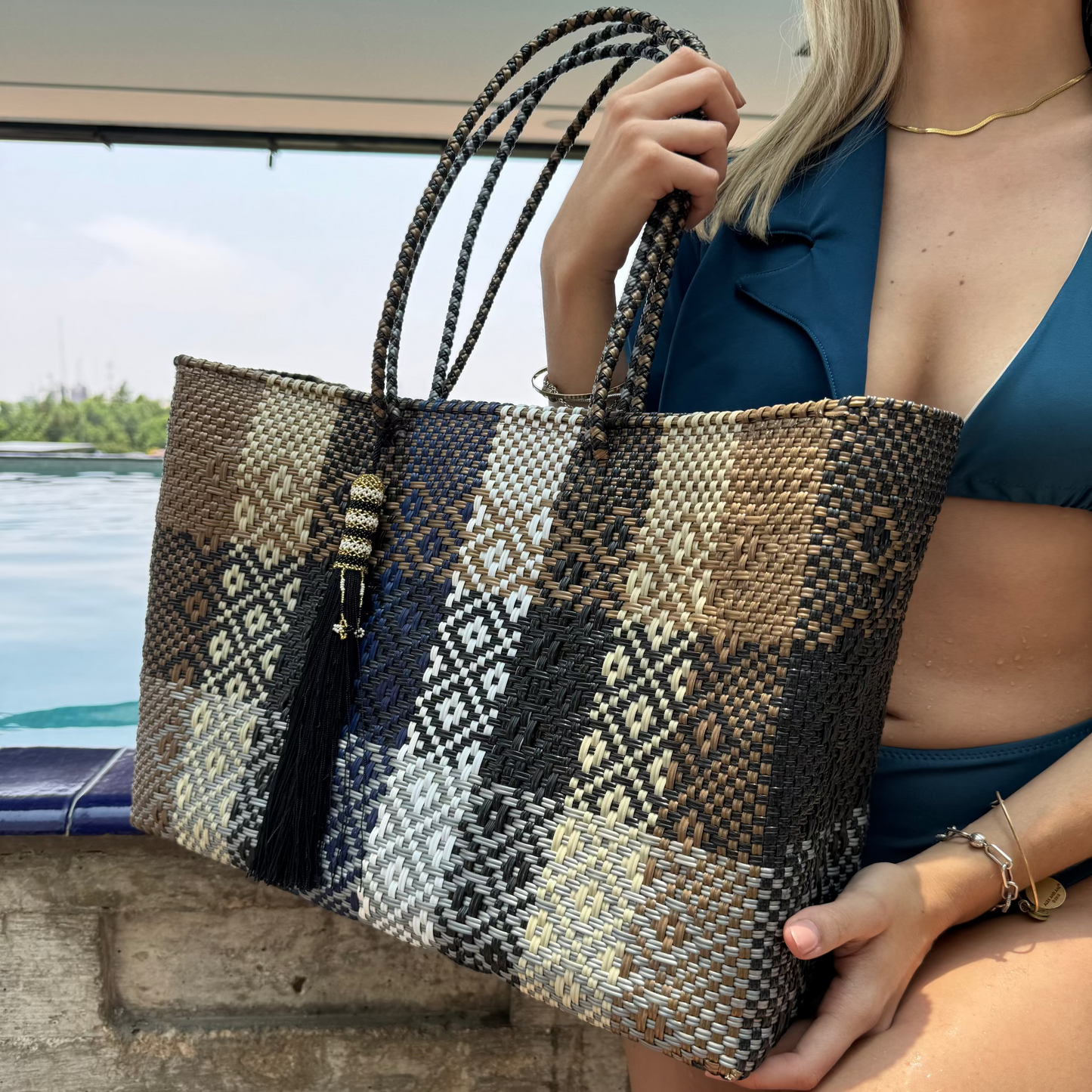 Ela Kovuna | Women's Medium Handcrafted Tote Bag | Gold, Navy Blue and Beige