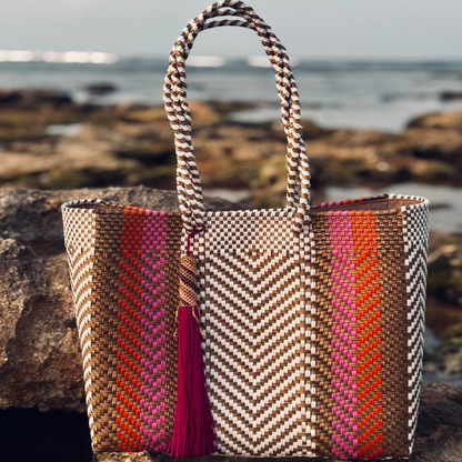 Ela Kovuna | Women's Medium Handcrafted Tote Bag | Gold, White, Orange and Pink