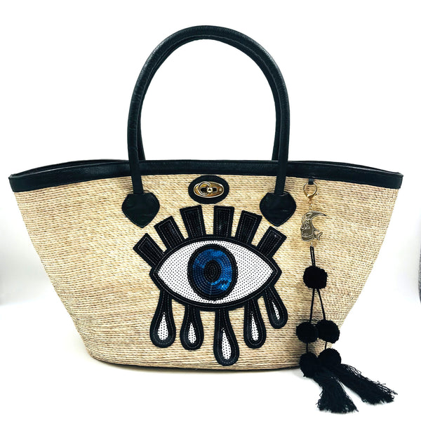 By Del Rio | Turkish Eye Sequin Motif Palm Leaf Bag | 00-119