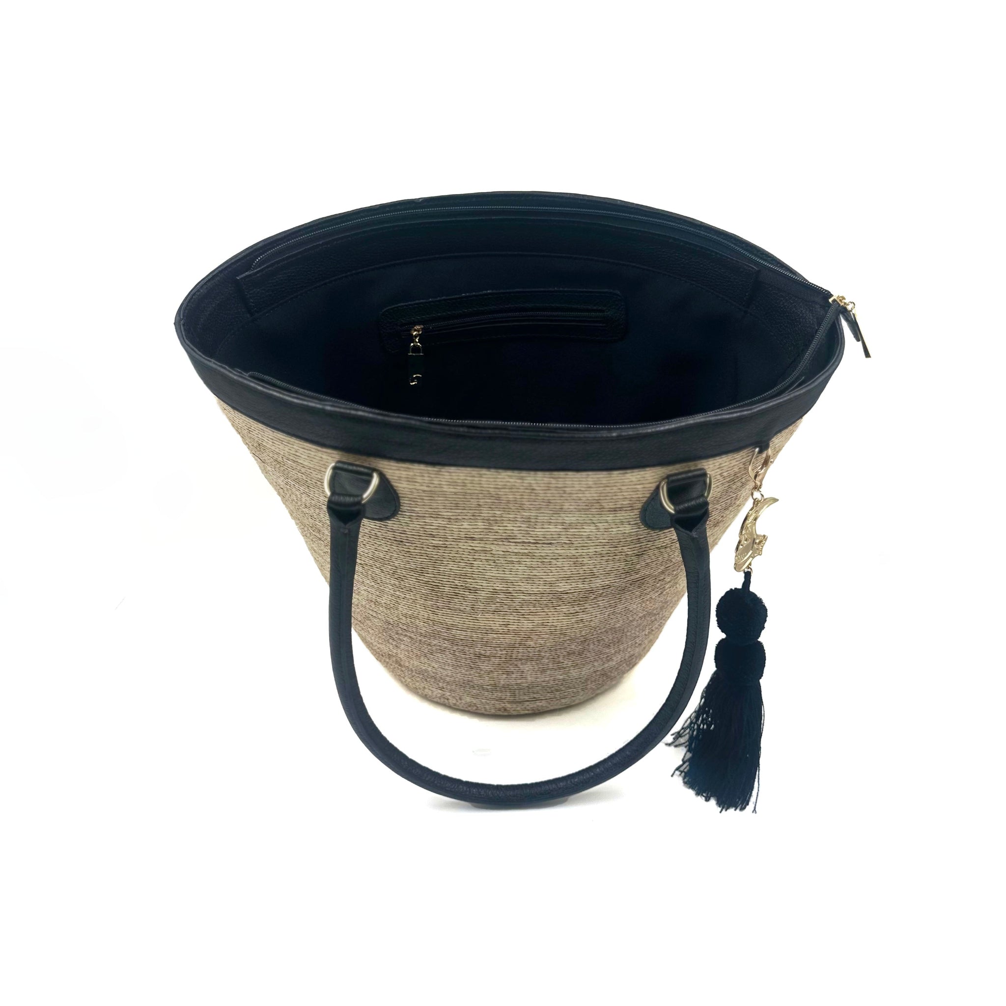 By Del Rio | Luxury Bucket Palm Leaf Bag | Black, White, Red