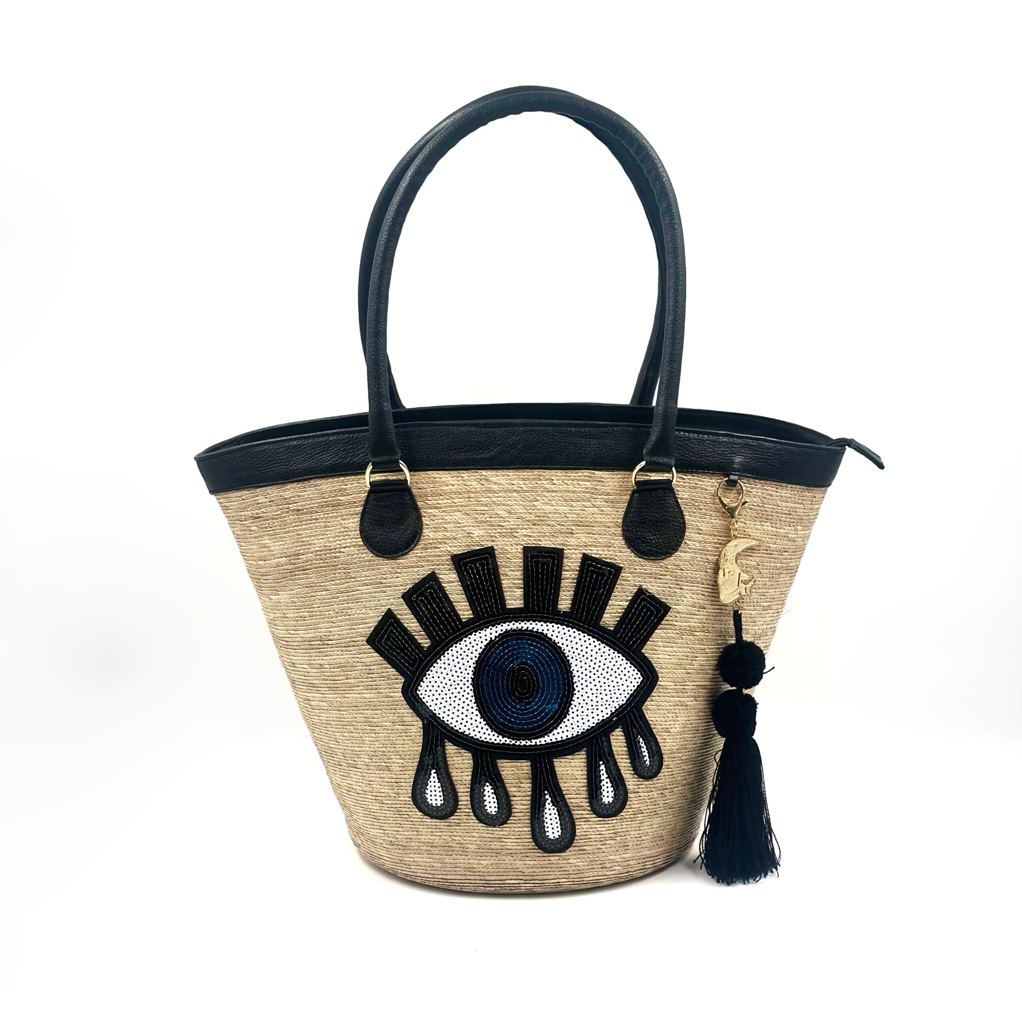 By Del Rio | Turkish Eye Sequin Motif Bucket Palm Leaf Bag | Black, White