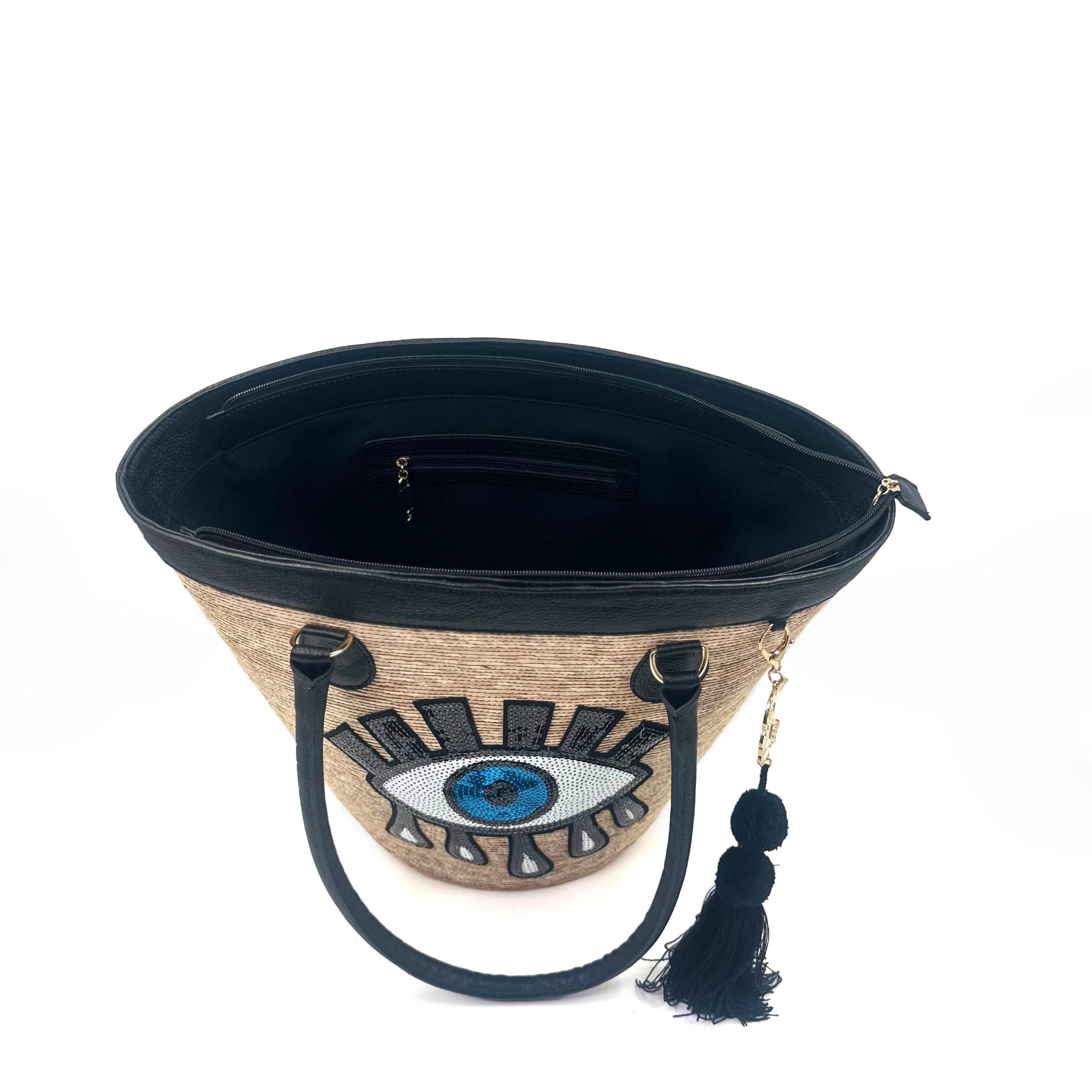 By Del Rio | Turkish Eye Sequin Motif Bucket Palm Leaf Bag | Black, White