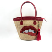 By Del Rio | Lips Sequin Motif Bucket Palm Leaf Bag | 00-124