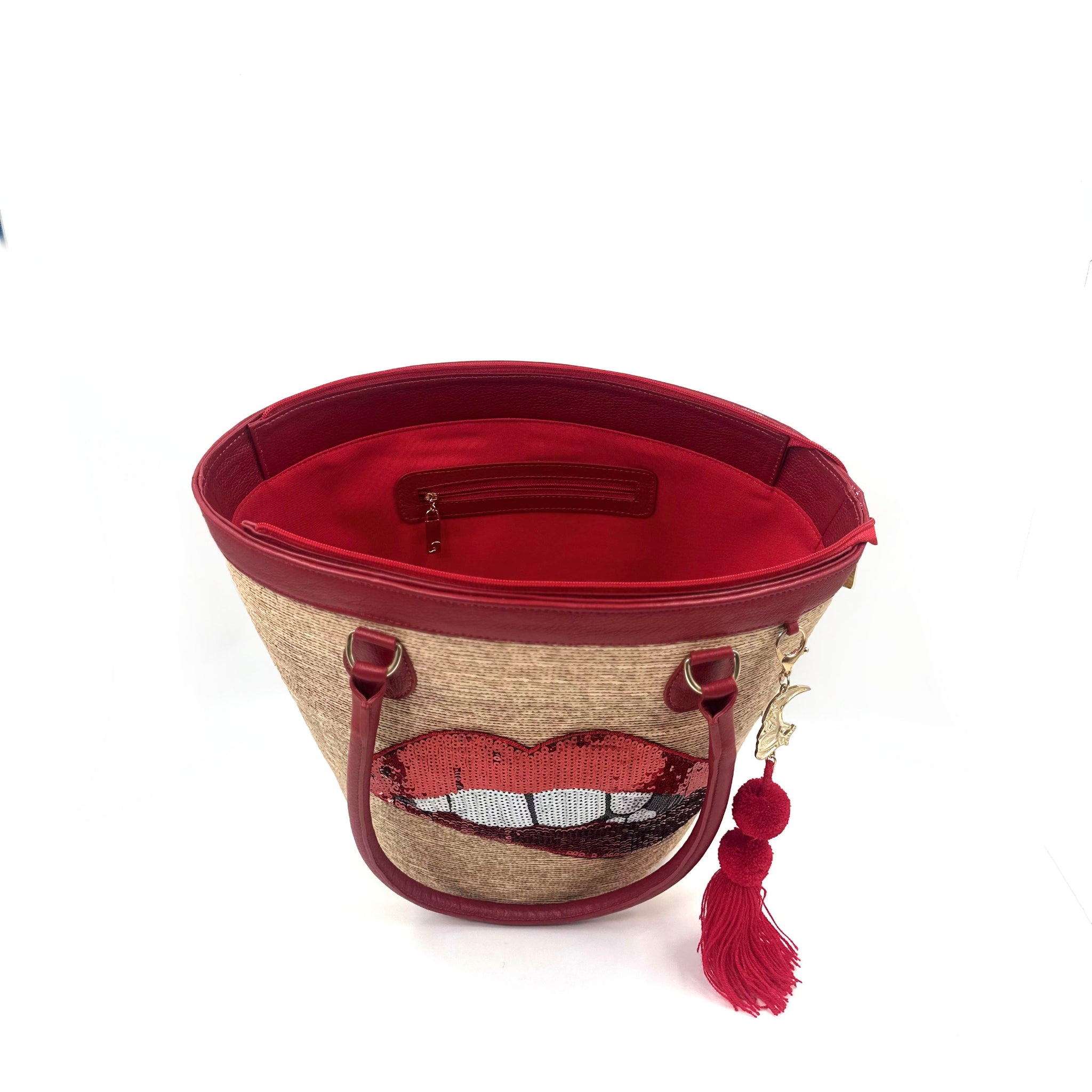 By Del Rio | Lips Sequin Motif Bucket Palm Leaf Bag | 00-124