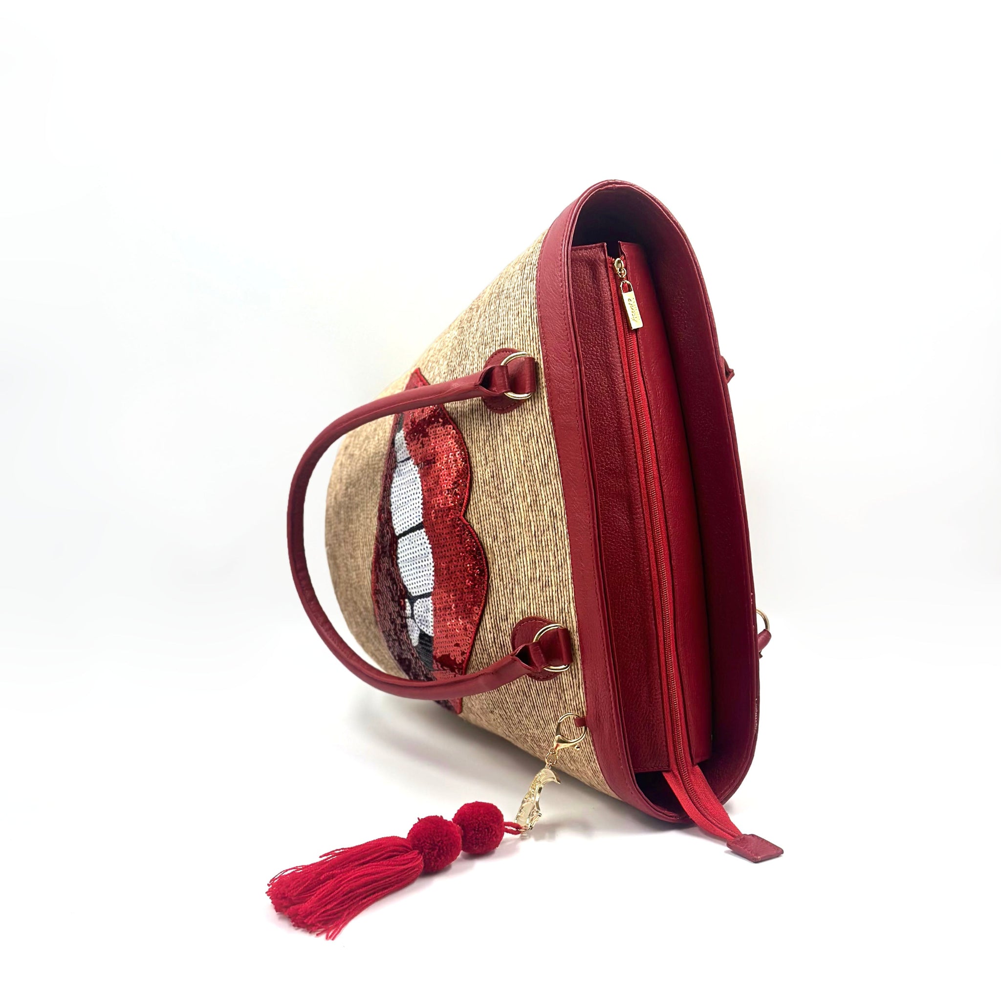 By Del Rio | Lips Sequin Motif Bucket Palm Leaf Bag | 00-124