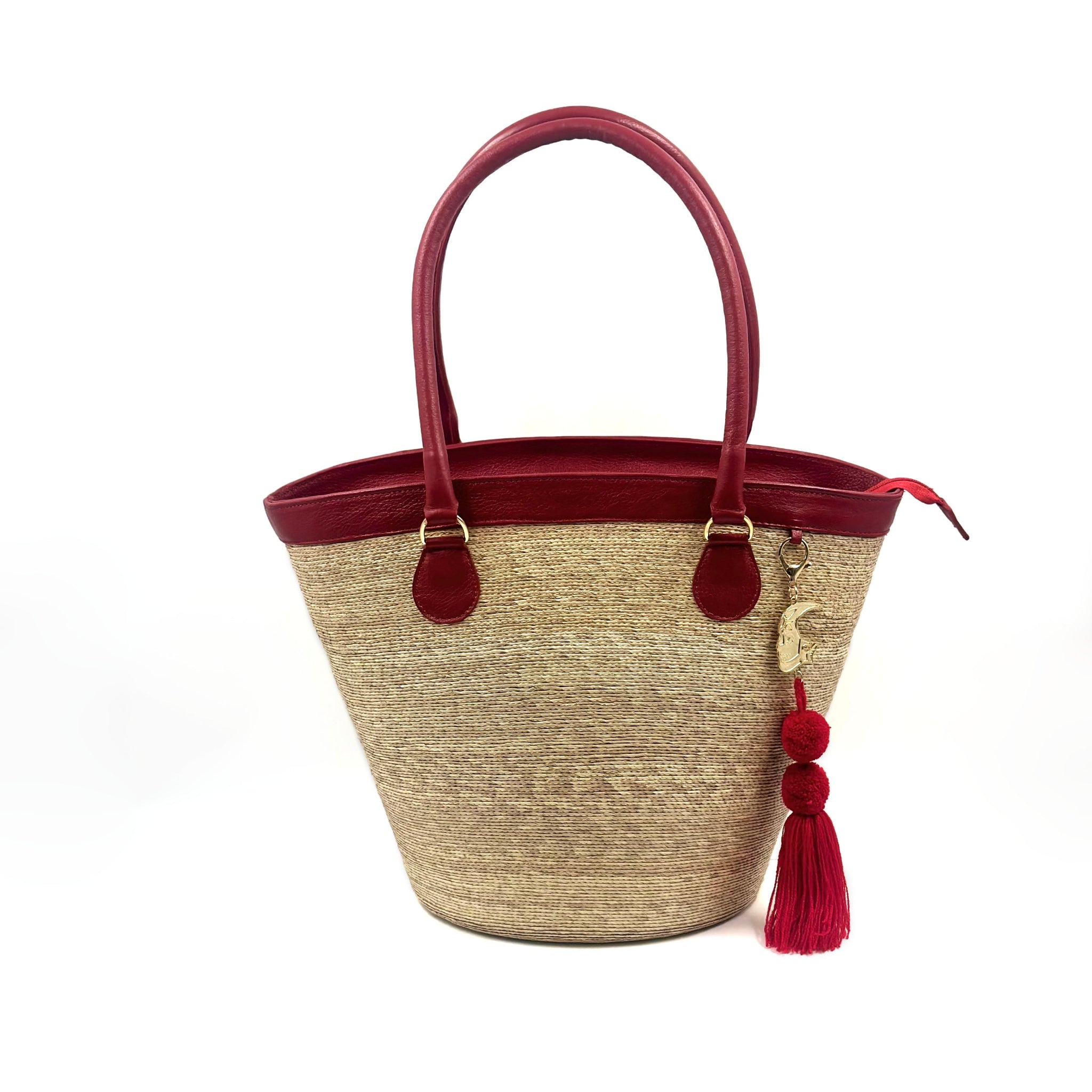 By Del Rio | Luxury Bucket Palm Leaf Bag | Black, White, Red