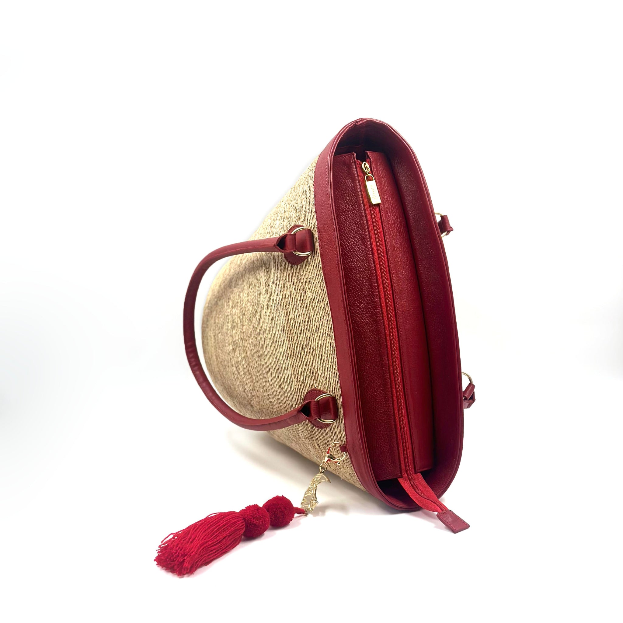 By Del Rio | Luxury Bucket Palm Leaf Bag | Black, White, Red
