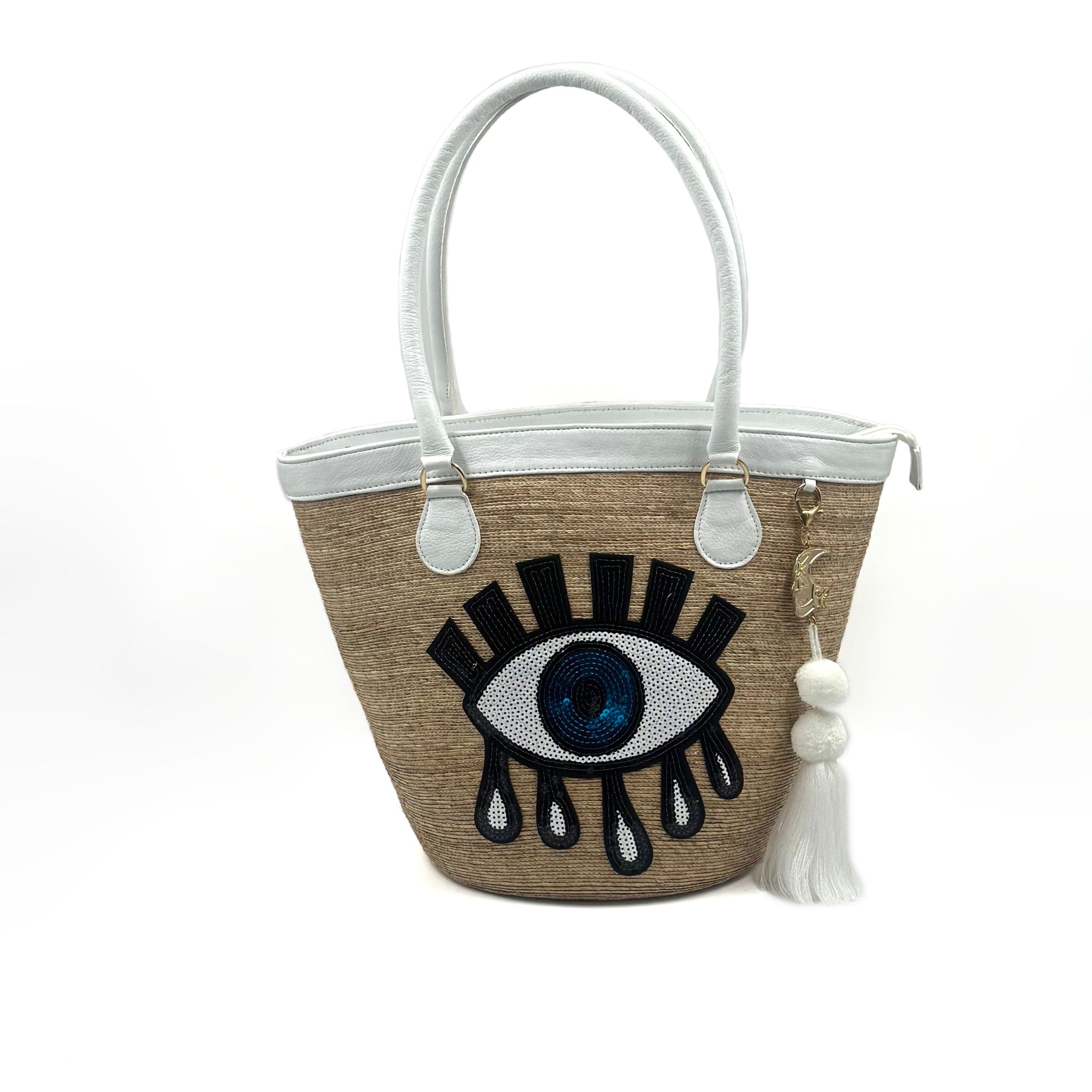 By Del Rio | Turkish Eye Sequin Motif Bucket Palm Leaf Bag | Black, White