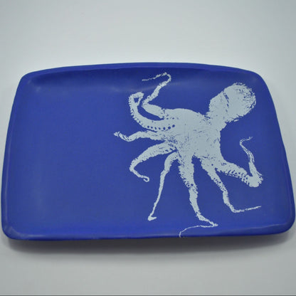 Damar | Rectangular Blue Platter | White Octopus