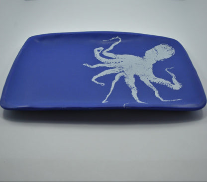Damar | Rectangular Blue Platter | White Octopus