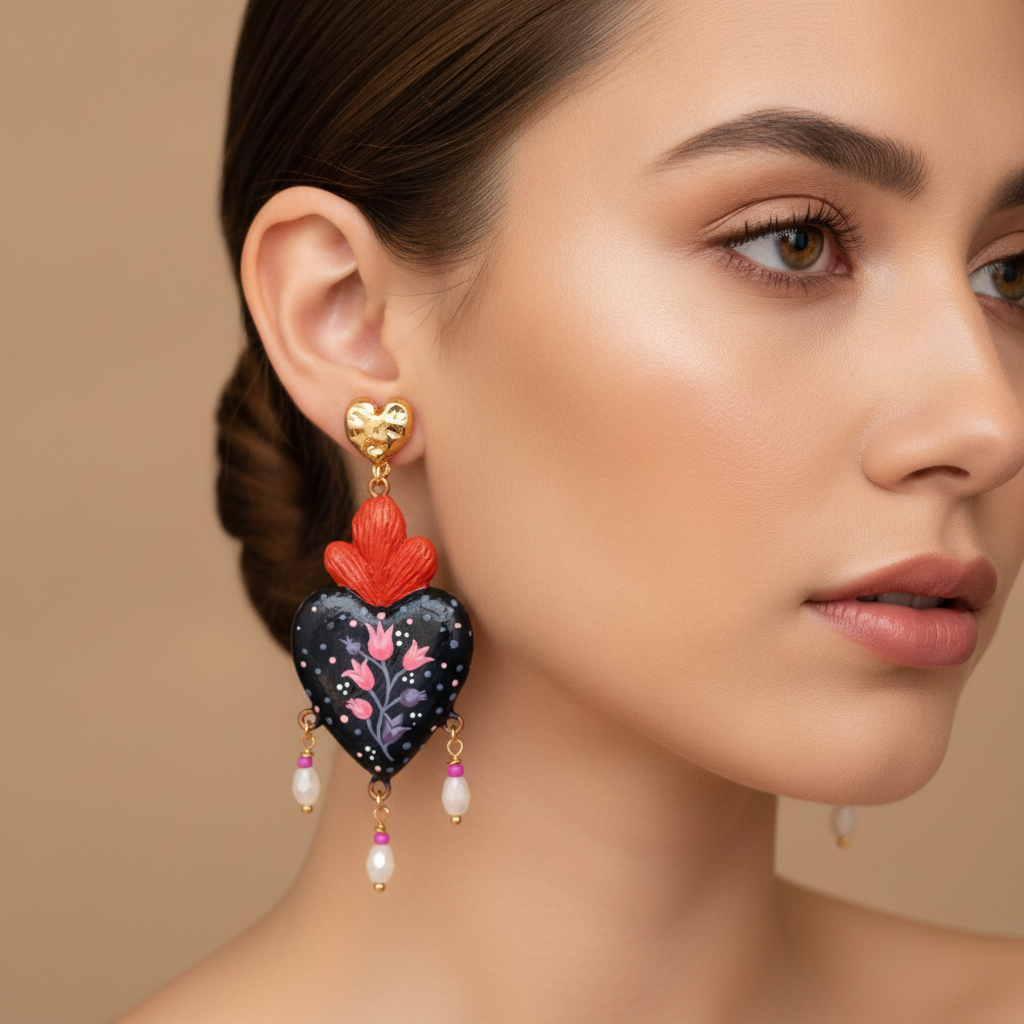 Cautivo Corazones Earrings worn by a model, studio photo