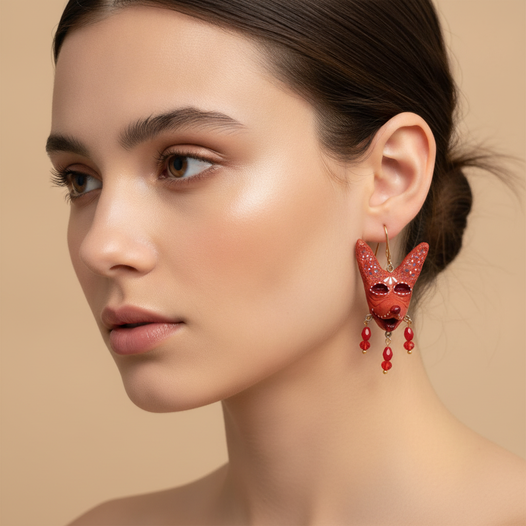 Cautivo Coyotitos Earrings worn by a model, studio photo